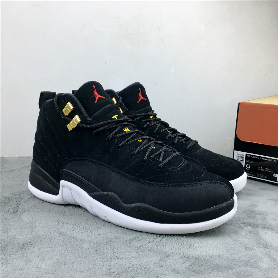 Air Jordan 12 Reverse Taxi Black Gold Shoes - Click Image to Close